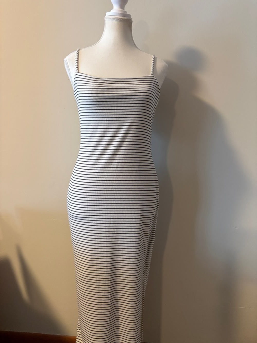 Heart Hips White and Black Striped Spaghetti Strap Y2K Maxi Dress. Size Sm/M